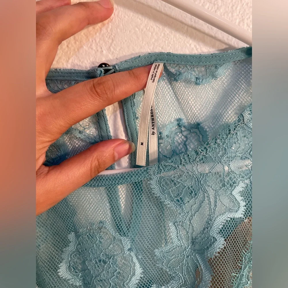 Turquoise By Anthropologie lace illusion top, size M EUC